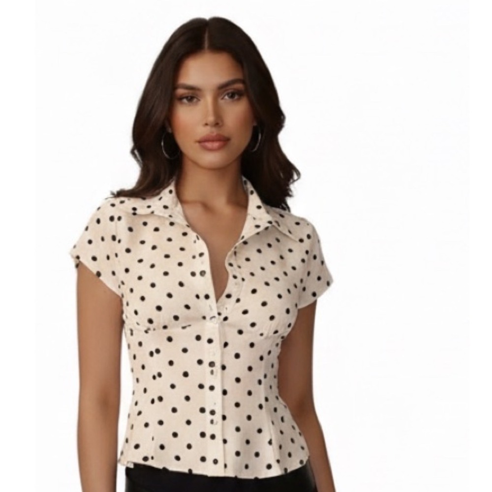 Princess Polly Polka Dot Satin Blouse Cream Black Button Up Top Size US 2
